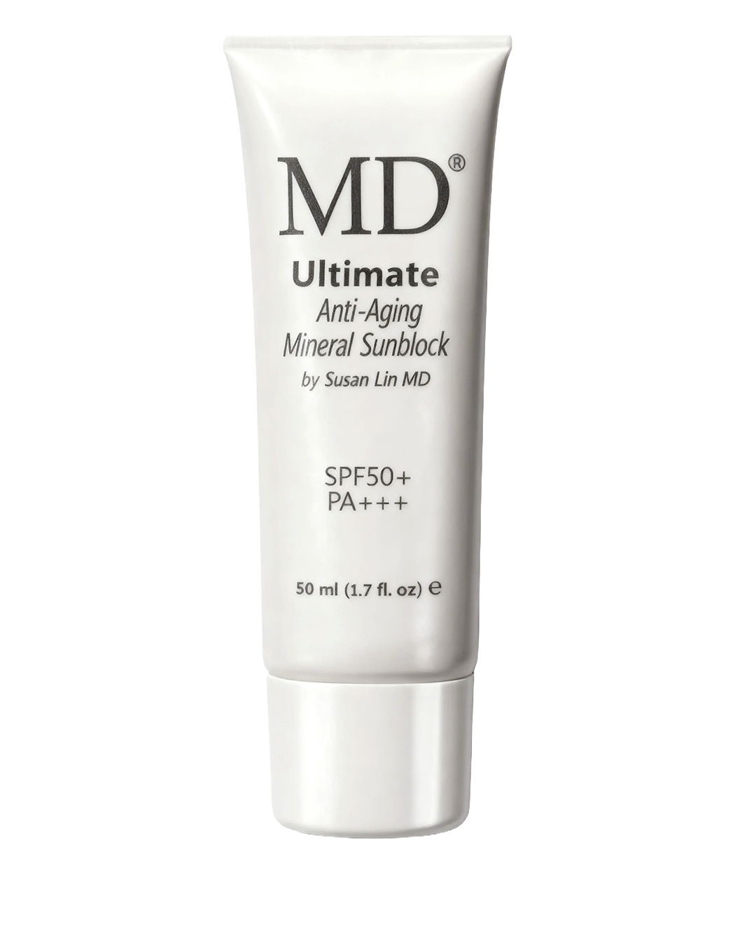 MD Ultimate Tinted Mineral Sunblock SPF 50 tube provides medical-grade broad-spectrum UVA/UVB protection and a non-greasy matte finish.