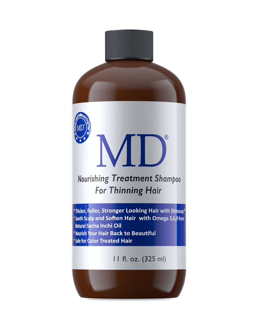 Front view of MD® Revitalizing Treatment Shampoo bottle – sulfate-free cleanser for thinning hair, scalp health, and DHT blocking – part of the MD Hair system