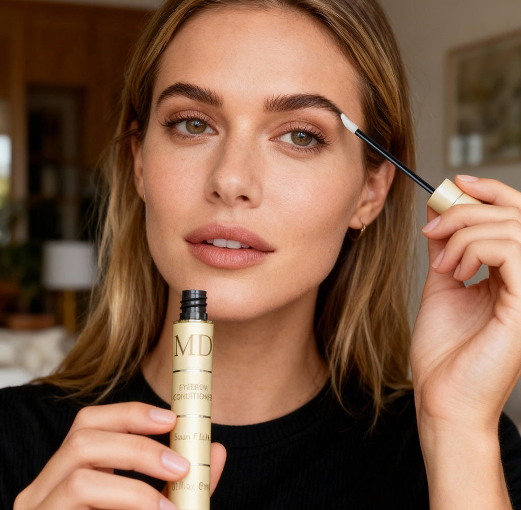 A woman applying MD® Eyebrow Conditioner using the precision applicator to clean, dry brows for nightly nourishment.