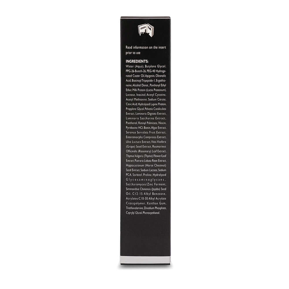 Back panel of MD Follicle Energizer 28ml box showing comprehensive ingredient list – drug-free hair regrowth serum from the MD Hair system