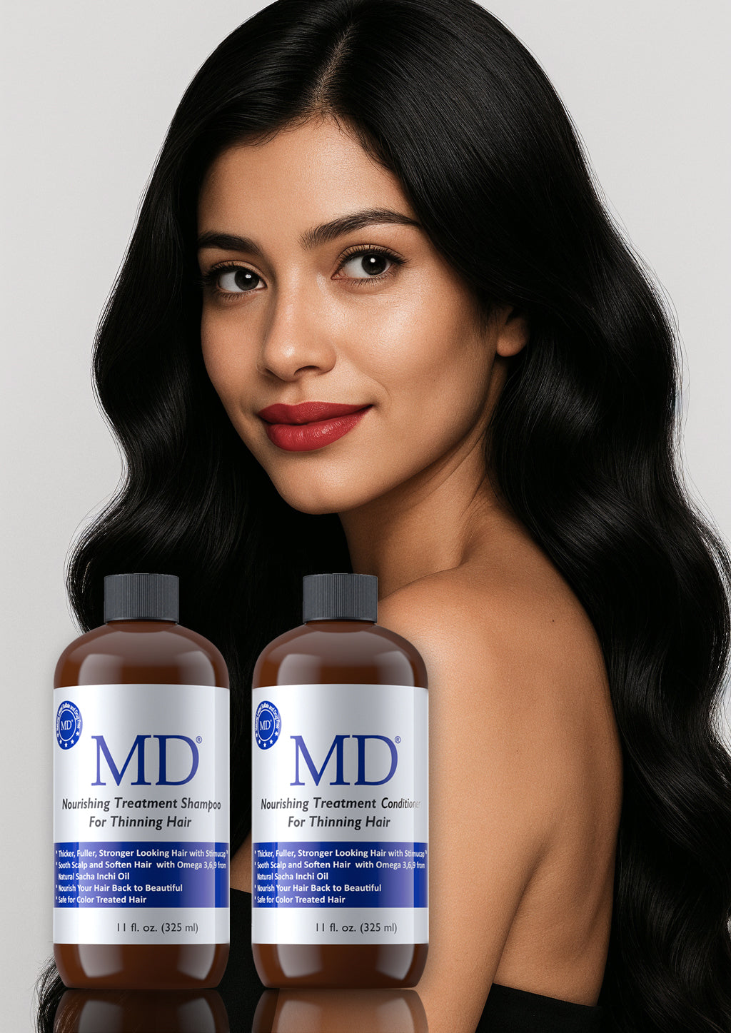 Minoxidil-free MD Hair growth shampoo and conditioner to restore hair thickness without harsh chemicals or side effects.
